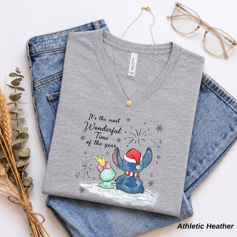 Disney Stitch and Angel Christmas V Neck Shirt, Bella Canvas Holiday Tee, Most Wonderful Time of the Year, Cute Disney Couple Gift for Her