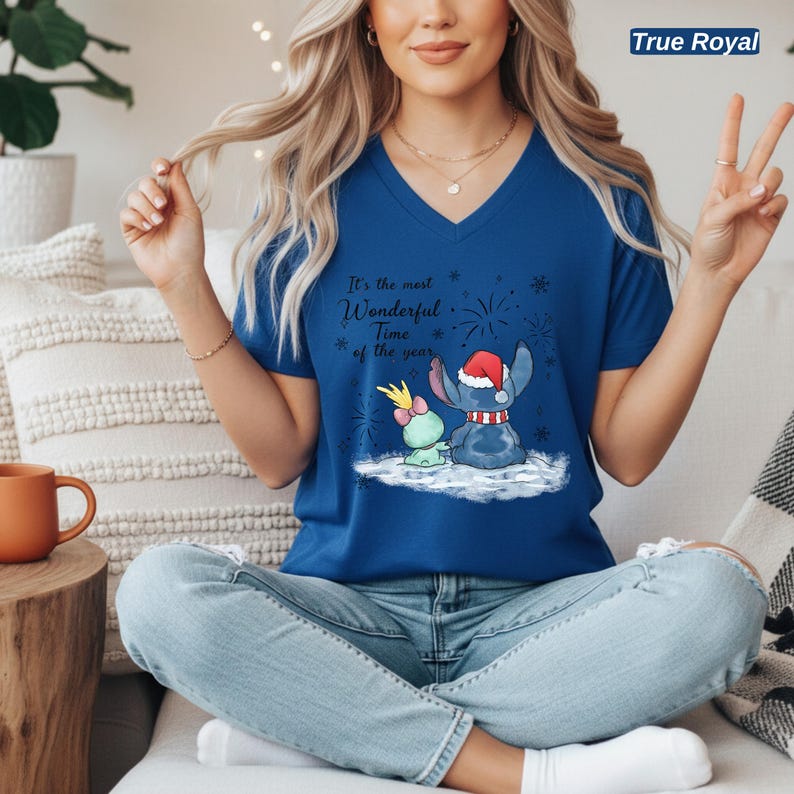 Disney Stitch and Angel Christmas V Neck Shirt, Bella Canvas Holiday Tee, Most Wonderful Time of the Year, Cute Disney Couple Gift for Her