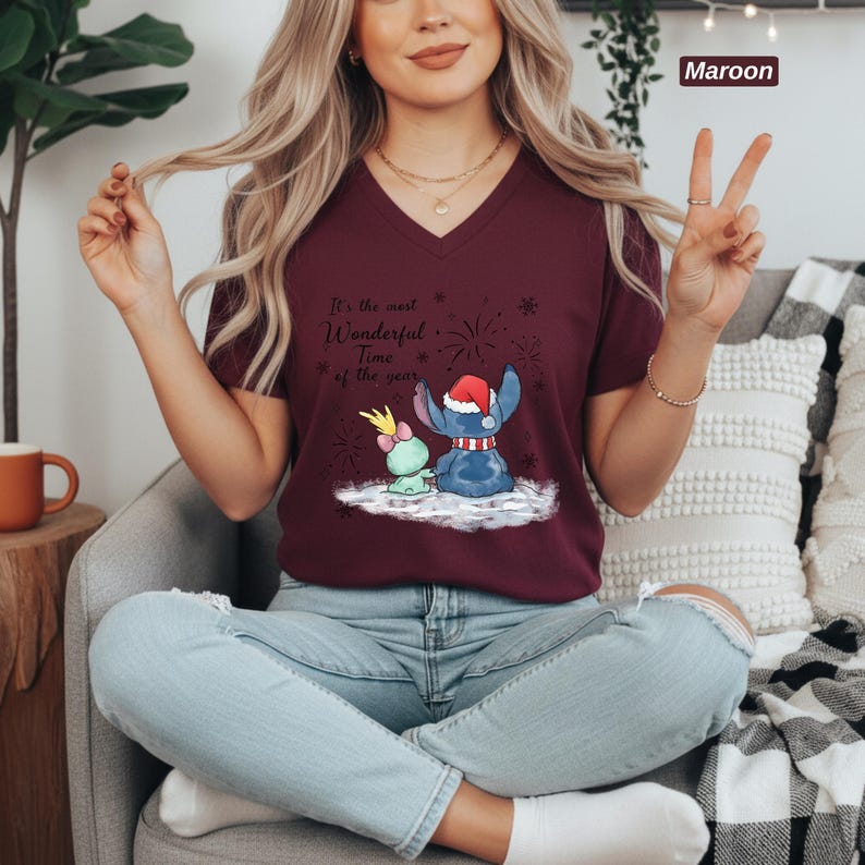 Disney Stitch and Angel Christmas V Neck Shirt, Bella Canvas Holiday Tee, Most Wonderful Time of the Year, Cute Disney Couple Gift for Her